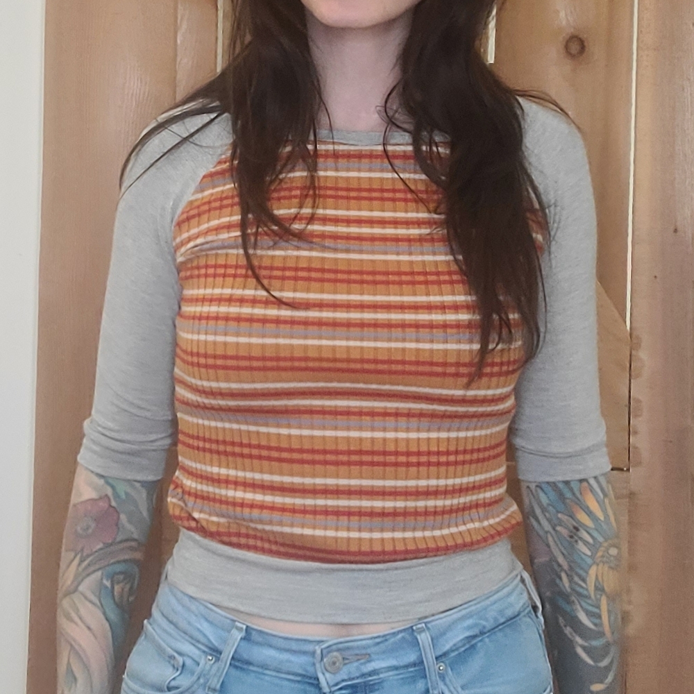 Handmade Retro Striped Gray and Orange Half Sleeve Top